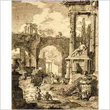 神殿とゴシック教会のある廃墟の眺めの画像