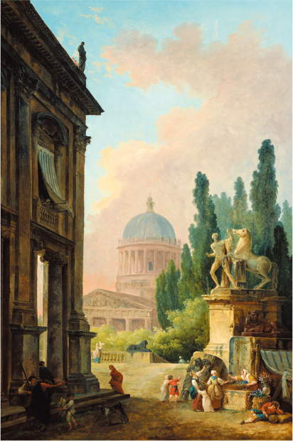 画像：ユベール・ロベール 《モンテ・カヴァッロの巨像と聖堂の見える空想のローマ景観》 1786年頃　　　
