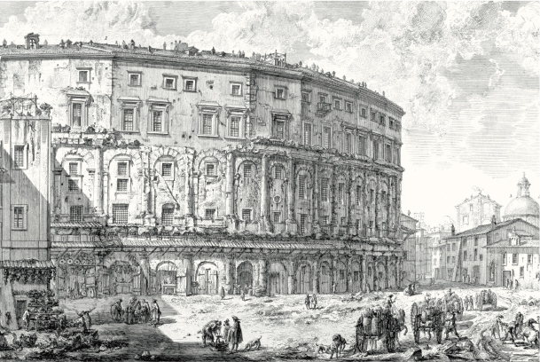 画像：ジョヴァンニ・バッティスタ・ピラネージ 『ローマの景観（全135点）のうち33点より』「マルケルス劇場」（部分）