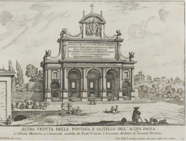 画像：ジョヴァンニ・バッティスタ・ファルダ『ローマの泉』より 「パオラ水道の泉とカステッロ、別の景観」 1684年