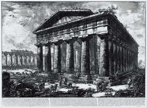 画像：ジョヴァンニ・バッティスタ・ピラネージ、フランチェスコ・ピラネージ 『パエストゥムの古代遺跡の景観』より「（10）パエストゥムのポセイドン神殿」 1778年