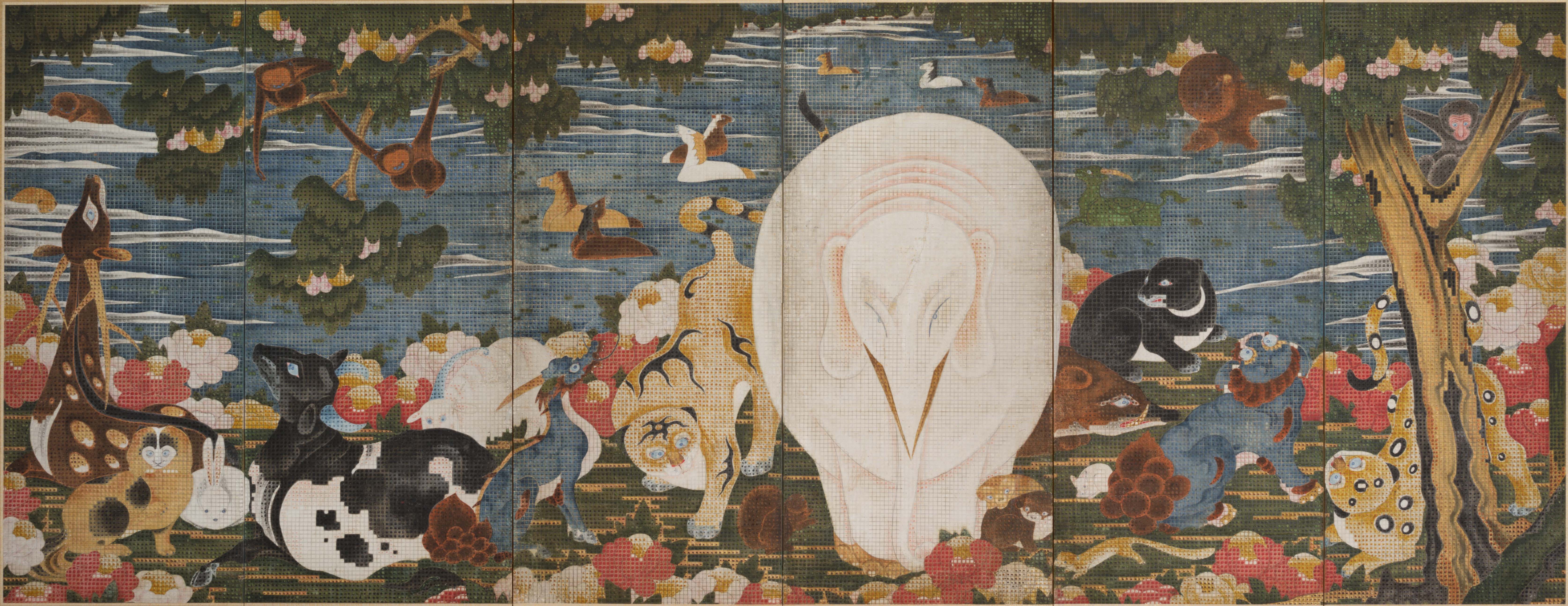 画像：伊藤若冲《樹花鳥獣図屏風》(右隻、複製)　18世紀(原本)